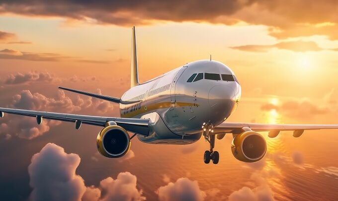 Commercial Aeroplane flying in a beautiful sunset