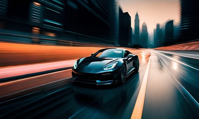Modern vehicle driving through a city