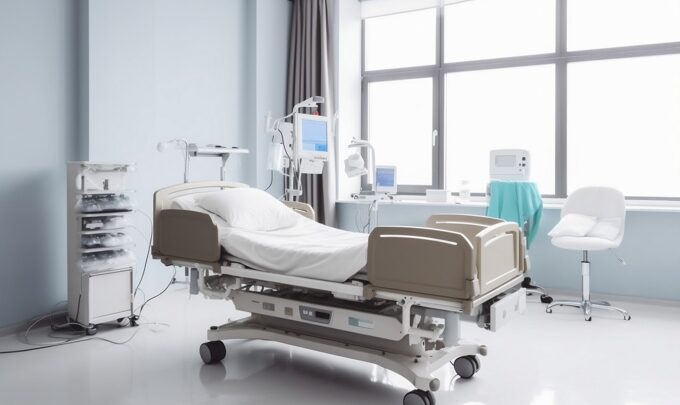 A clean hospital room with a bed in the centre and bright light coming through the windows